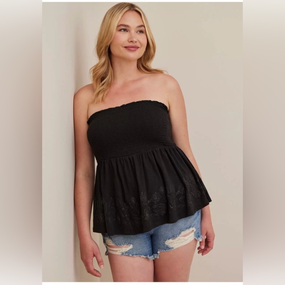 Cotton Strapless Smocked Bodice Babydoll Embroidered Top Womens 4X